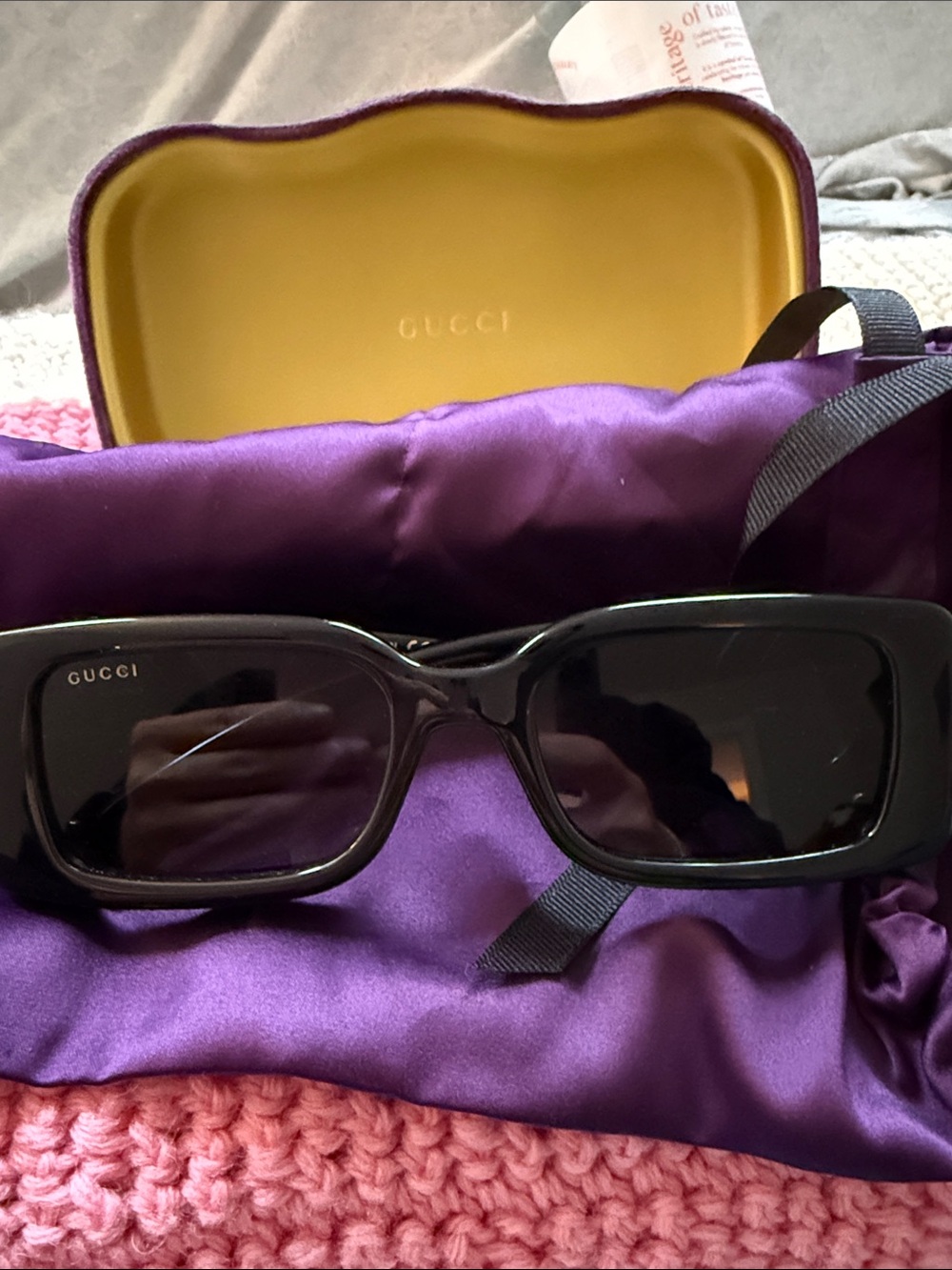 Gucci Black Rectangular Sunglasses with Purple Case Lining